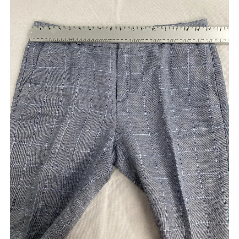 Banana Republic Avery Linen Blend Pants Women's Size 10 Blue Windowpane Plaid